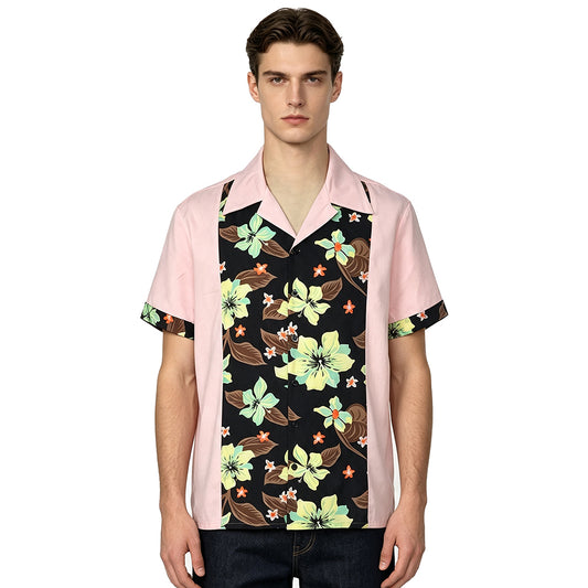 Men Retro Hibiscus Floral Color‑Block Bowling Shirt, Pink Spliced Camp Collar Short Sleeve Summer Tops