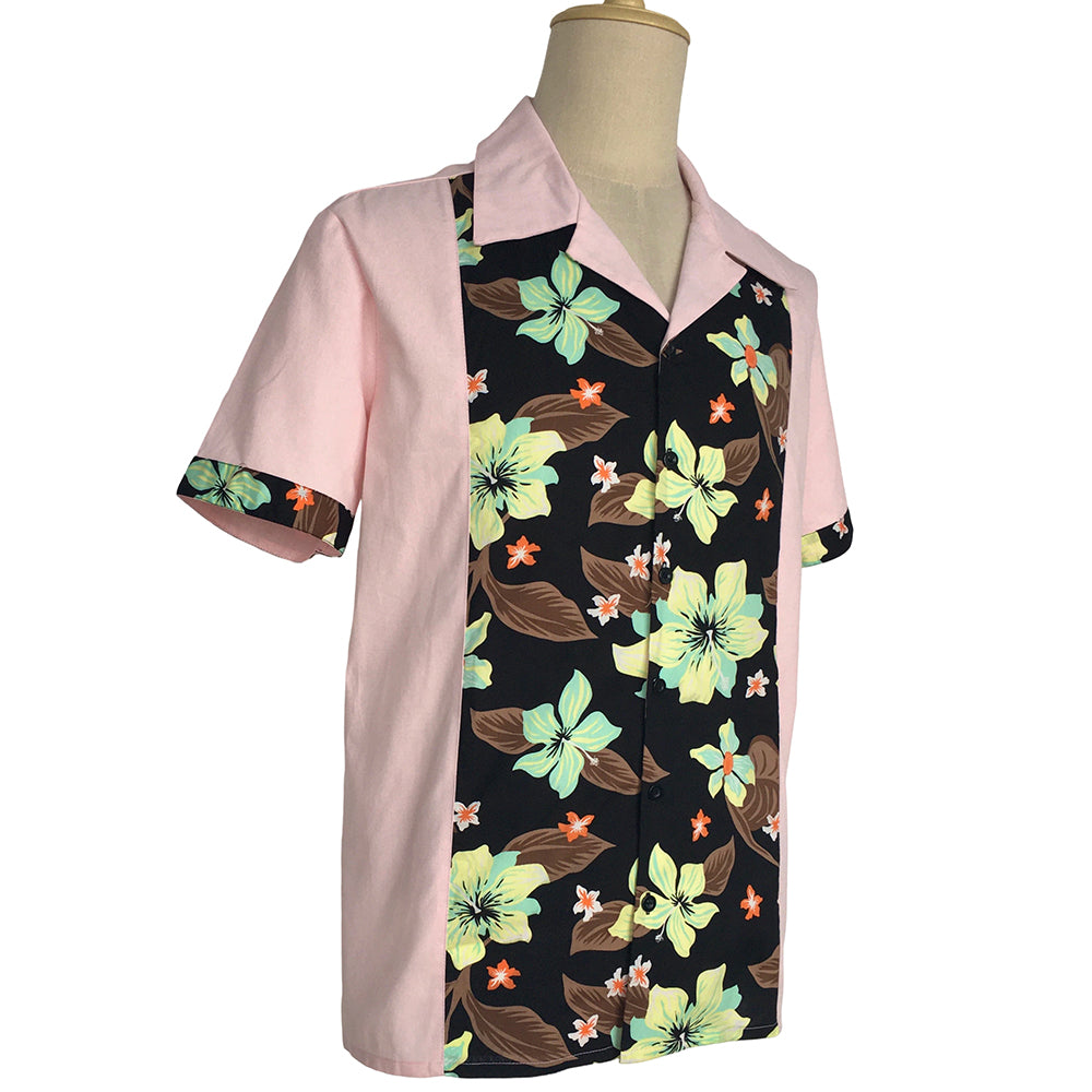 Men Retro Hibiscus Floral Color‑Block Bowling Shirt, Pink Spliced Camp Collar Short Sleeve Summer Tops