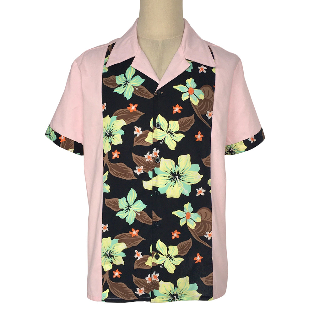 Men Retro Hibiscus Floral Color‑Block Bowling Shirt, Pink Spliced Camp Collar Short Sleeve Summer Tops