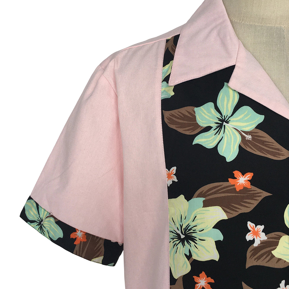 Men Retro Hibiscus Floral Color‑Block Bowling Shirt, Pink Spliced Camp Collar Short Sleeve Summer Tops