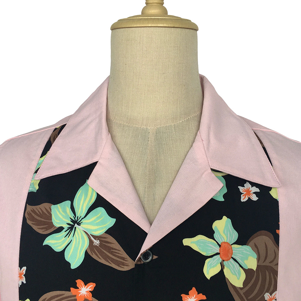 Men Retro Hibiscus Floral Color‑Block Bowling Shirt, Pink Spliced Camp Collar Short Sleeve Summer Tops