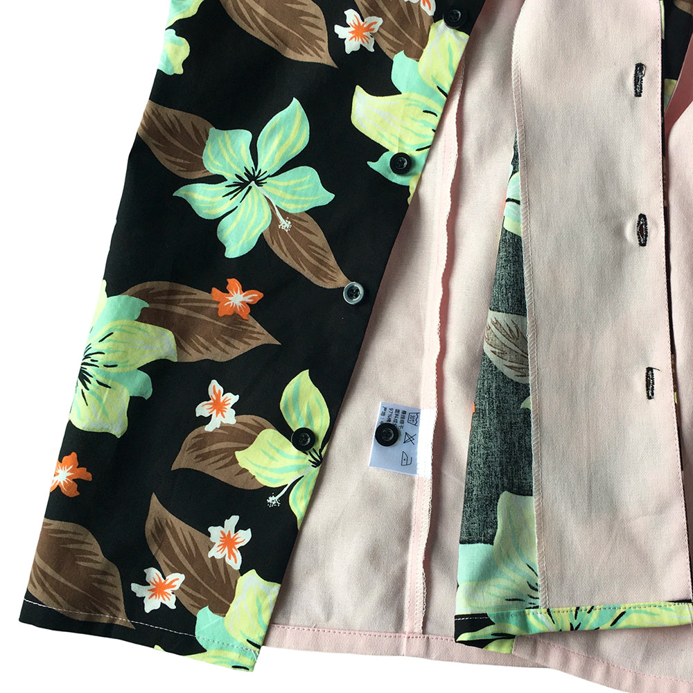 Men Retro Hibiscus Floral Color‑Block Bowling Shirt, Pink Spliced Camp Collar Short Sleeve Summer Tops