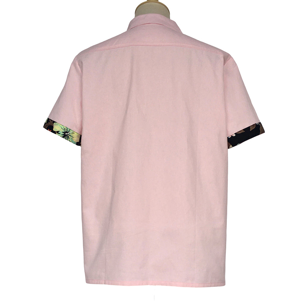 Men Retro Hibiscus Floral Color‑Block Bowling Shirt, Pink Spliced Camp Collar Short Sleeve Summer Tops