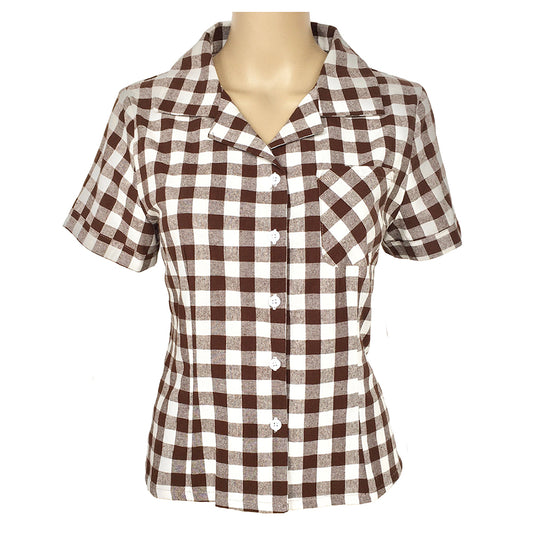 Retro Gingham Lapel Collar Shirt - Women’s Short Sleeve Top with Chest Pocket