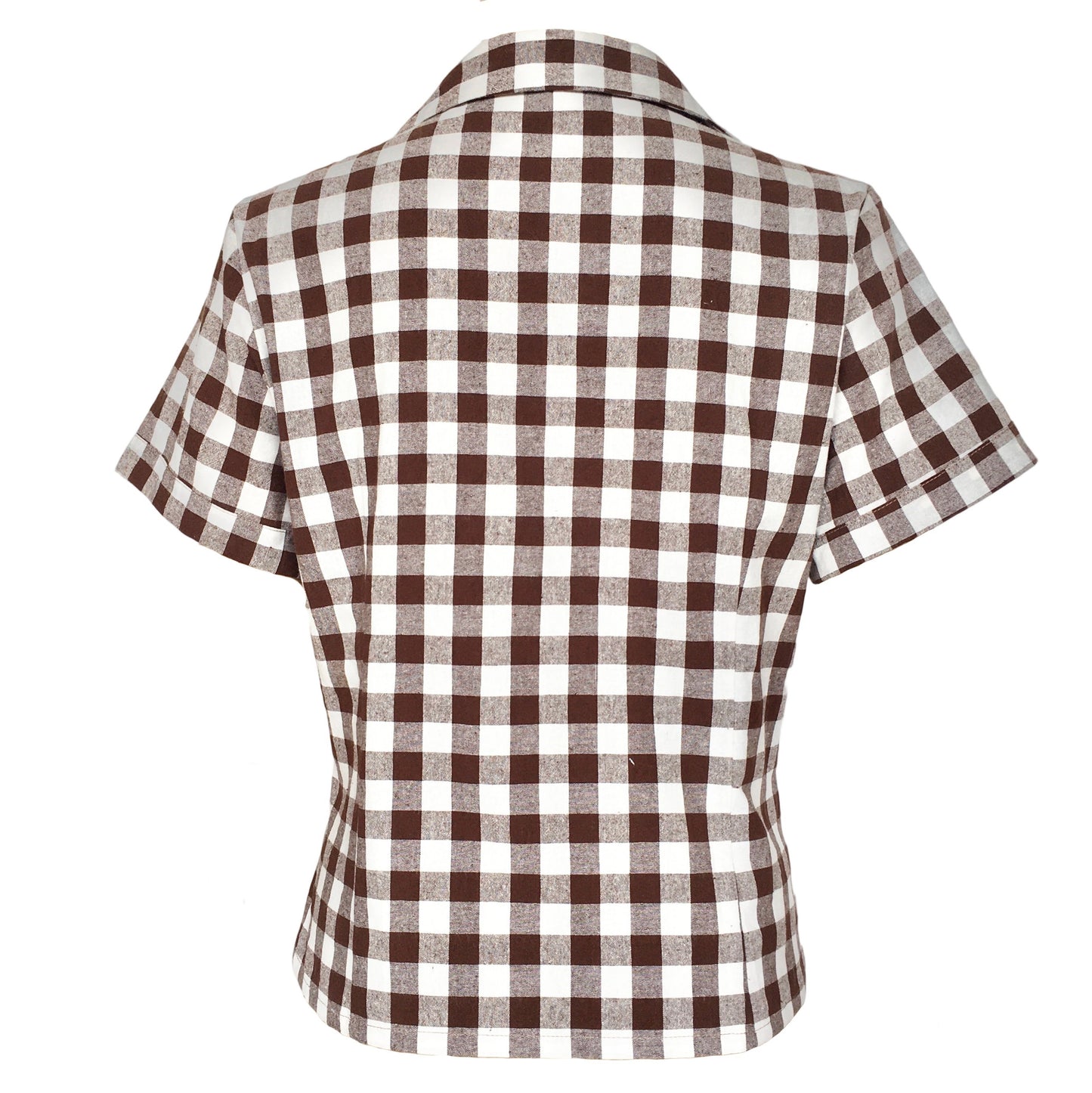 Retro Gingham Lapel Collar Shirt - Women’s Short Sleeve Top with Chest Pocket