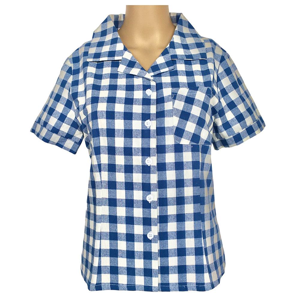 Retro Gingham Lapel Collar Shirt - Women’s Short Sleeve Top with Chest Pocket