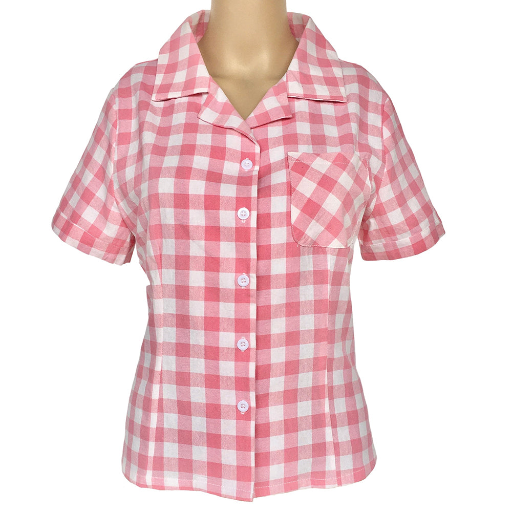 Retro Gingham Lapel Collar Shirt - Women’s Short Sleeve Top with Chest Pocket