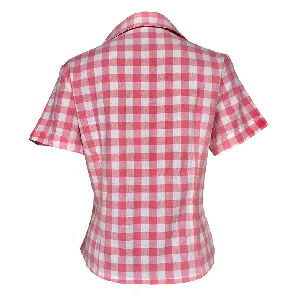 Retro Gingham Lapel Collar Shirt - Women’s Short Sleeve Top with Chest Pocket