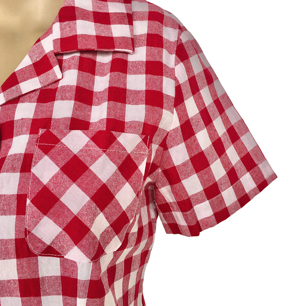Retro Gingham Lapel Collar Shirt - Women’s Short Sleeve Top with Chest Pocket
