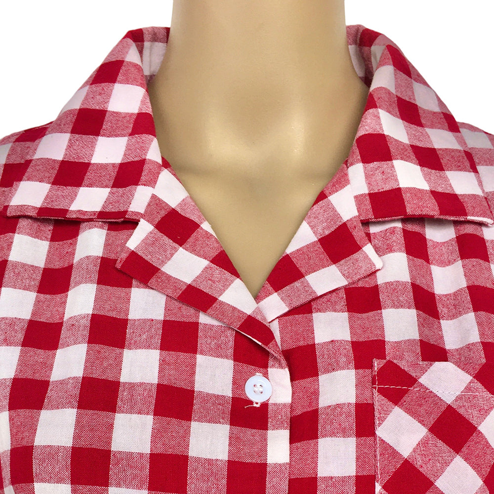 Retro Gingham Lapel Collar Shirt - Women’s Short Sleeve Top with Chest Pocket