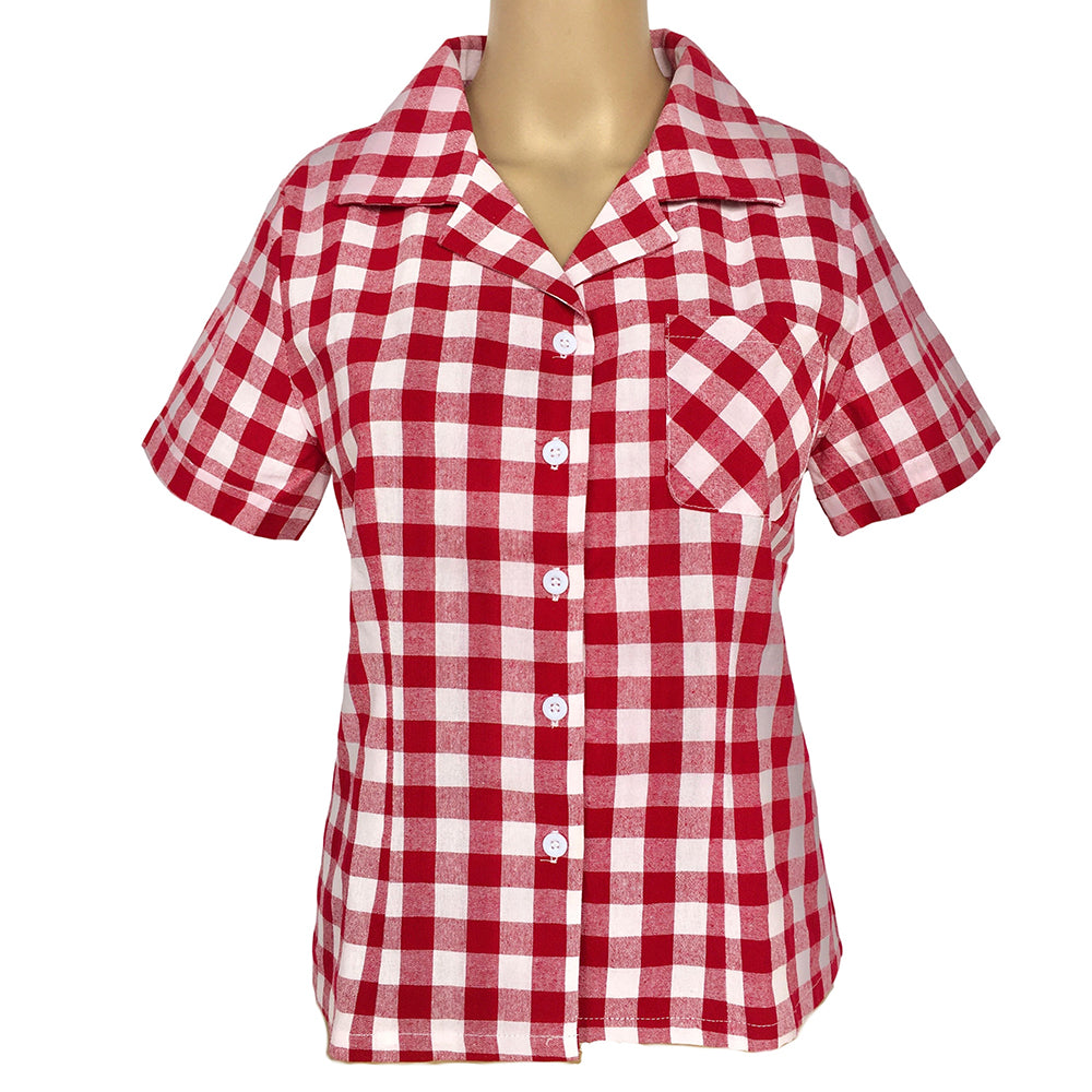 Retro Gingham Lapel Collar Shirt - Women’s Short Sleeve Top with Chest Pocket
