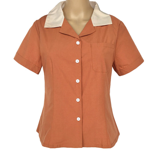 Women’s Vintage Short - Sleeve Shirt with Contrast Collar | Retro Button - Down Blouse