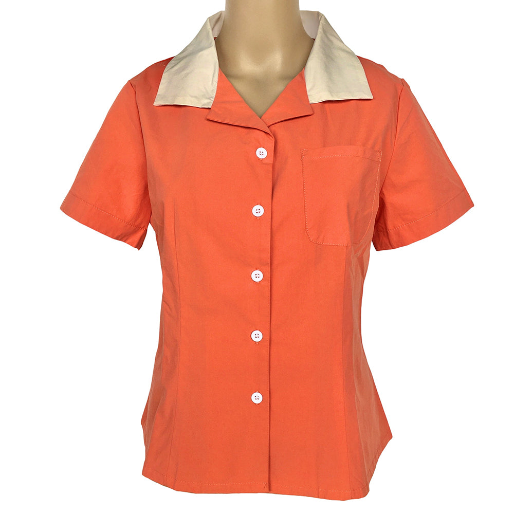 Women’s Vintage Short - Sleeve Shirt with Contrast Collar | Retro Button - Down Blouse