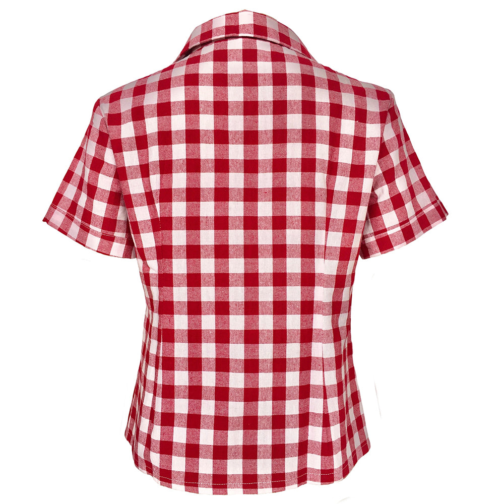 Retro Gingham Lapel Collar Shirt - Women’s Short Sleeve Top with Chest Pocket