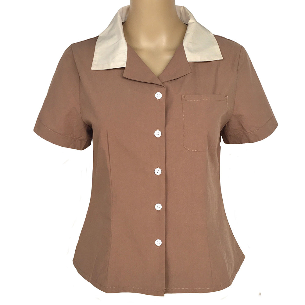 Women’s Vintage Short - Sleeve Shirt with Contrast Collar | Retro Button - Down Blouse
