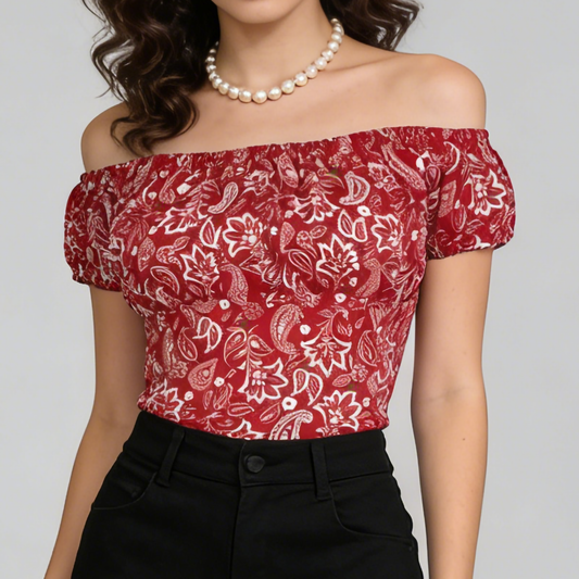 Women's Retro Off Shoulder Paisley Blouse Red & White Fitted Short Sleeve Elegant Top