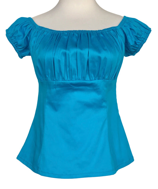 Vintage Rockabilly Off Shoulder Cotton Peplum Top - Teal Retro Pinup Blouse for Women