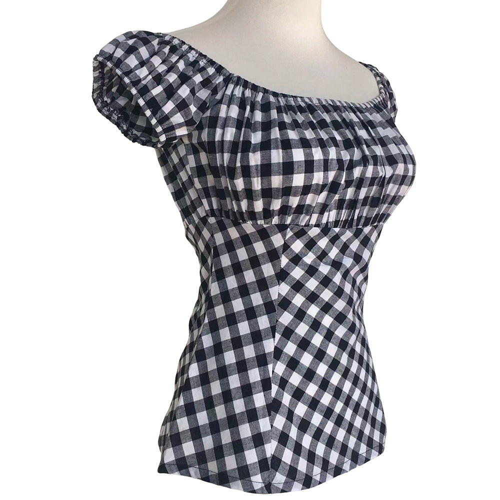 Women's Rockabilly Pinup Off Shoulder Gingham Top - Vintage 50s Inspired Plaid Bardot Blouse, Retro Western Style Off-Shoulder Shirt