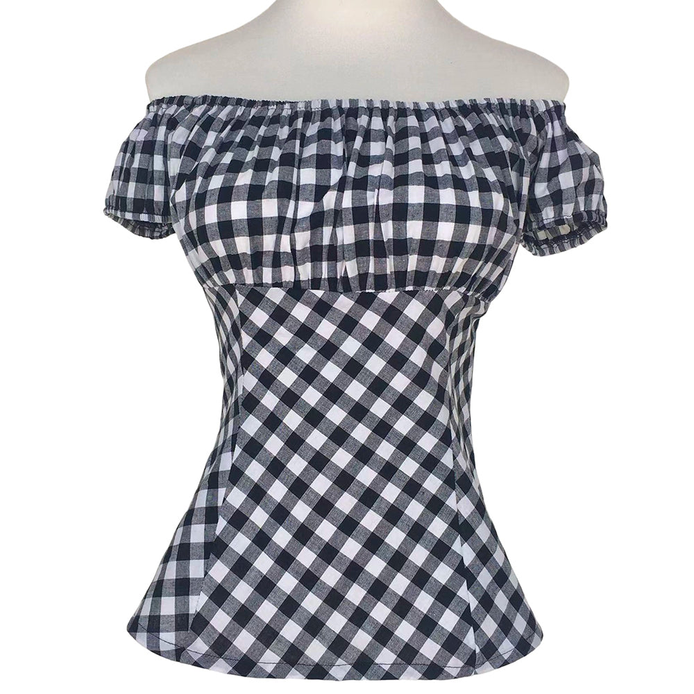 Women's Rockabilly Pinup Off Shoulder Gingham Top - Vintage 50s Inspired Plaid Bardot Blouse, Retro Western Style Off-Shoulder Shirt