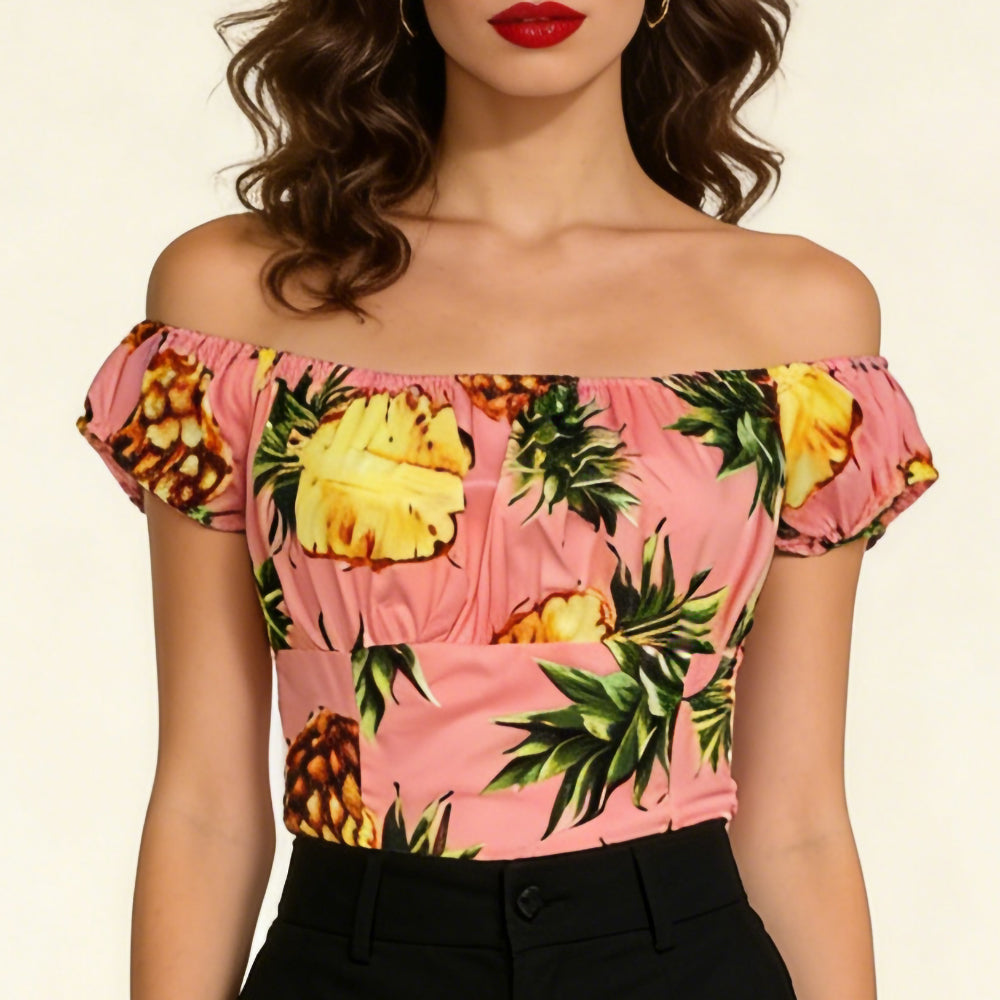 Rockabilly Pinup Pink Pineapple Off Shoulder Top - 1950s Vintage Retro Flattering Ruched Blouse
