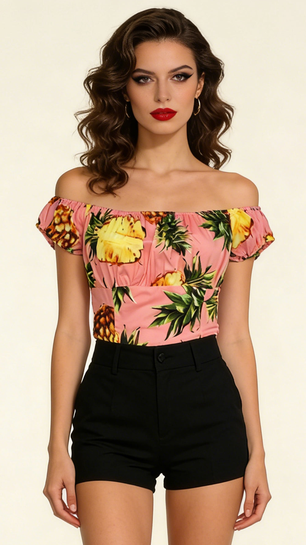 Rockabilly Pinup Pink Pineapple Off Shoulder Top - 1950s Vintage Retro Flattering Ruched Blouse