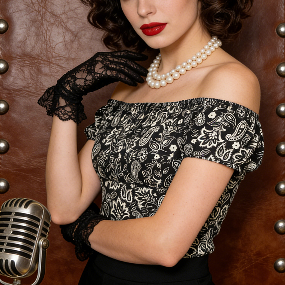 1950s Rockabilly Pinup Off Shoulder Top - Black White Paisley Print Ruched Flattering Retro Blouse