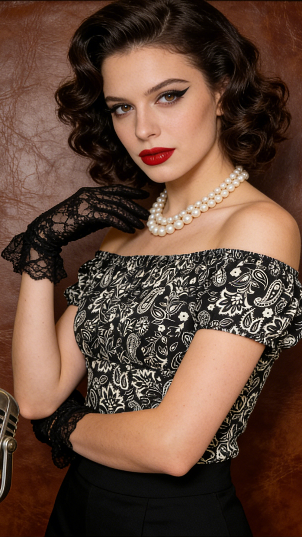 1950s Rockabilly Pinup Off Shoulder Top - Black White Paisley Print Ruched Flattering Retro Blouse