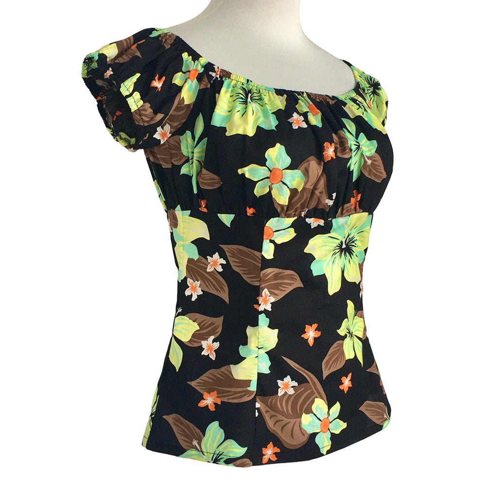Women Off Shoulder Blouse, Vintage Hibiscus Floral Puff Short Sleeve Top, Summer Slim Fit Peplum Casual Party Shirt for Ladies