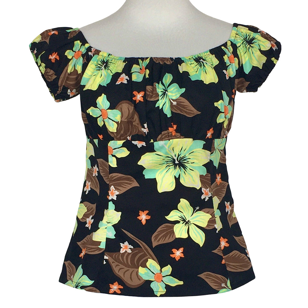 Women Off Shoulder Blouse, Vintage Hibiscus Floral Puff Short Sleeve Top, Summer Slim Fit Peplum Casual Party Shirt for Ladies