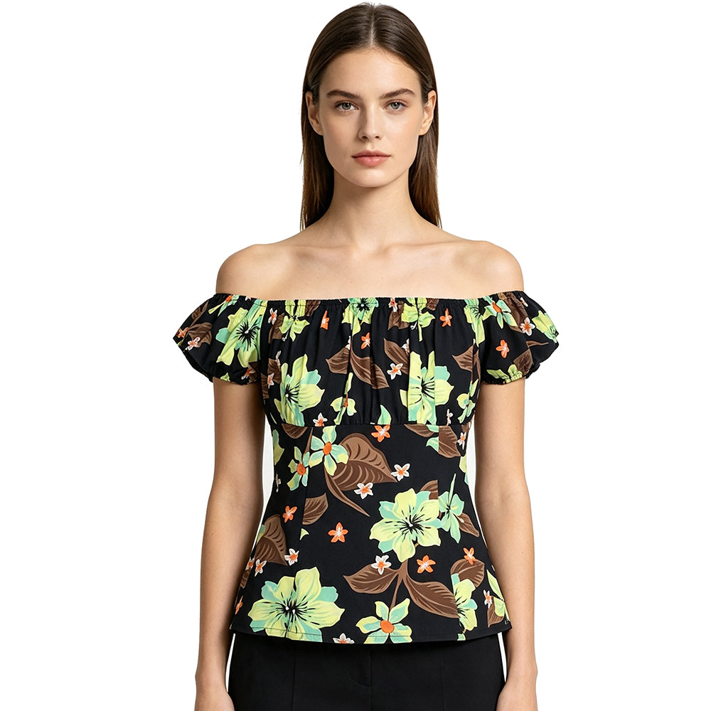 Women Off Shoulder Blouse, Vintage Hibiscus Floral Puff Short Sleeve Top, Summer Slim Fit Peplum Casual Party Shirt for Ladies