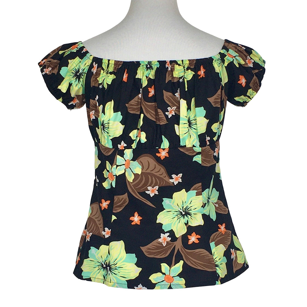 Women Off Shoulder Blouse, Vintage Hibiscus Floral Puff Short Sleeve Top, Summer Slim Fit Peplum Casual Party Shirt for Ladies