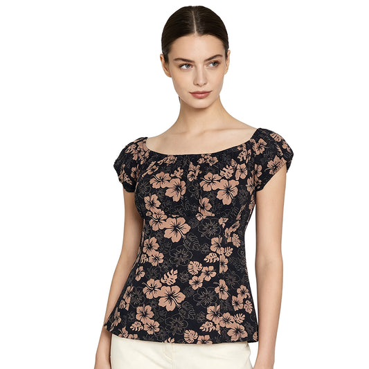 Women Vintage Hibiscus Floral Off‑Shoulder Top, Puff Short Sleeve Slim Summer Blouse