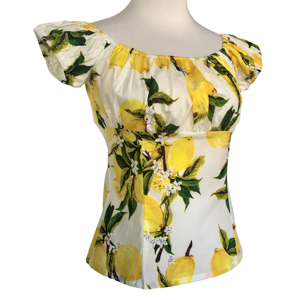 Lemon Print Off-Shoulder Summer Blouse | Retro Vacation Shirt for Women