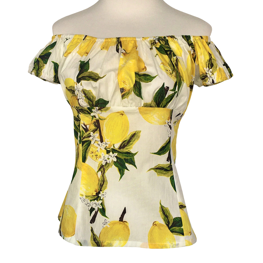 Lemon Print Off-Shoulder Summer Blouse | Retro Vacation Shirt for Women