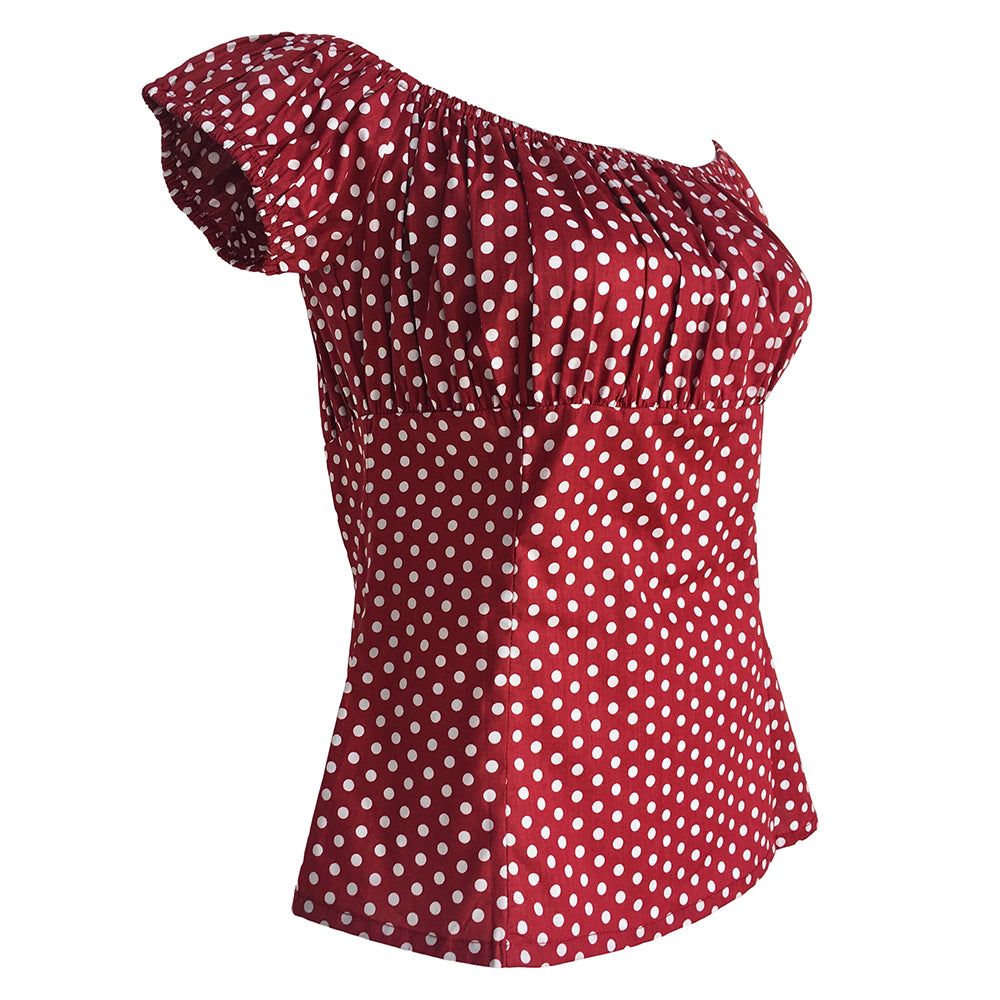 Rockabilly Pinup Style Red Polka Dot Off Shoulder Top, Vintage Inspired Retro Blouse for Women