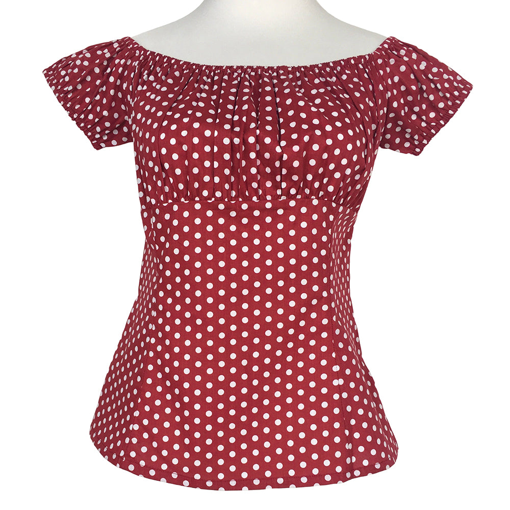 Rockabilly Pinup Style Red Polka Dot Off Shoulder Top, Vintage Inspired Retro Blouse for Women