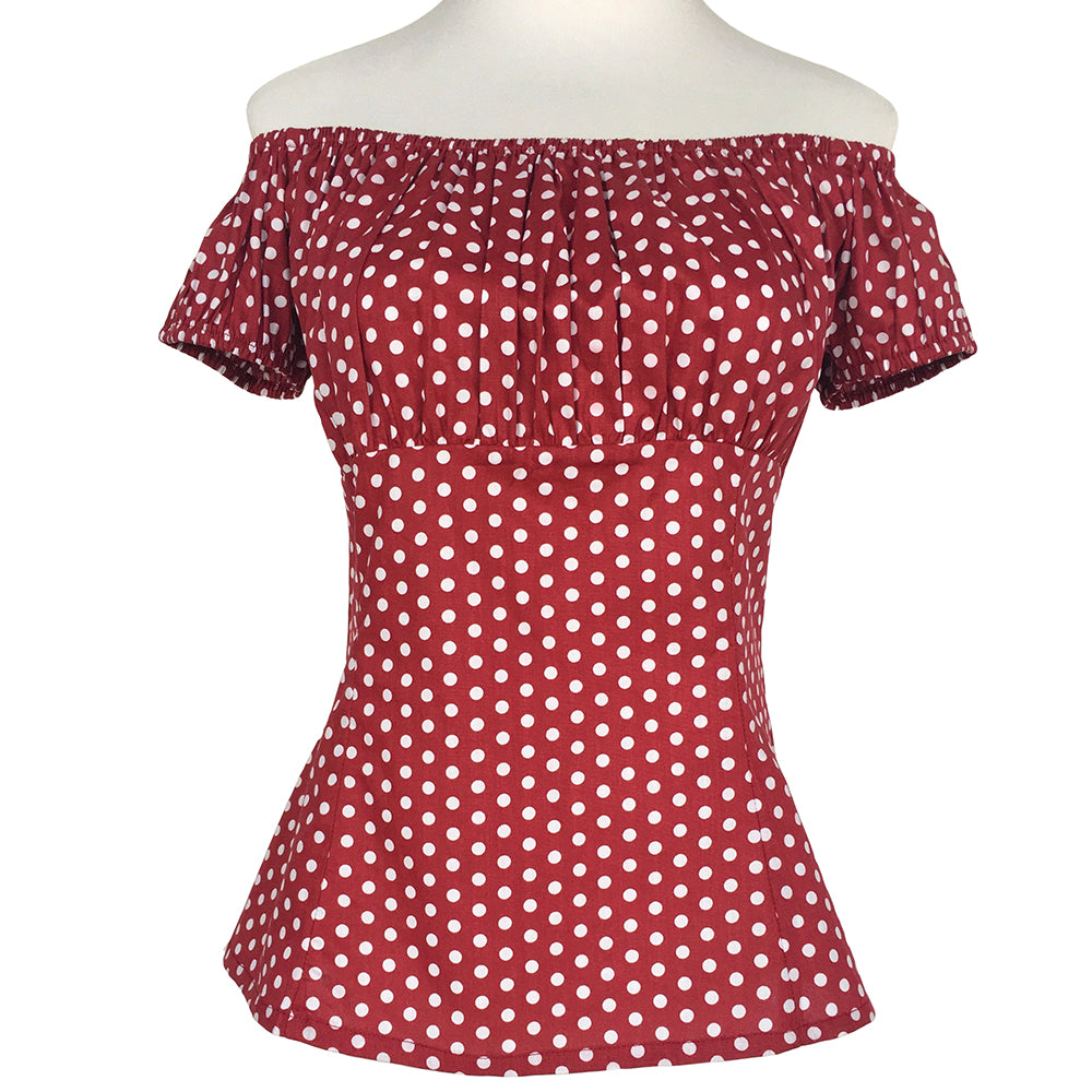 Rockabilly Pinup Style Red Polka Dot Off Shoulder Top, Vintage Inspired Retro Blouse for Women