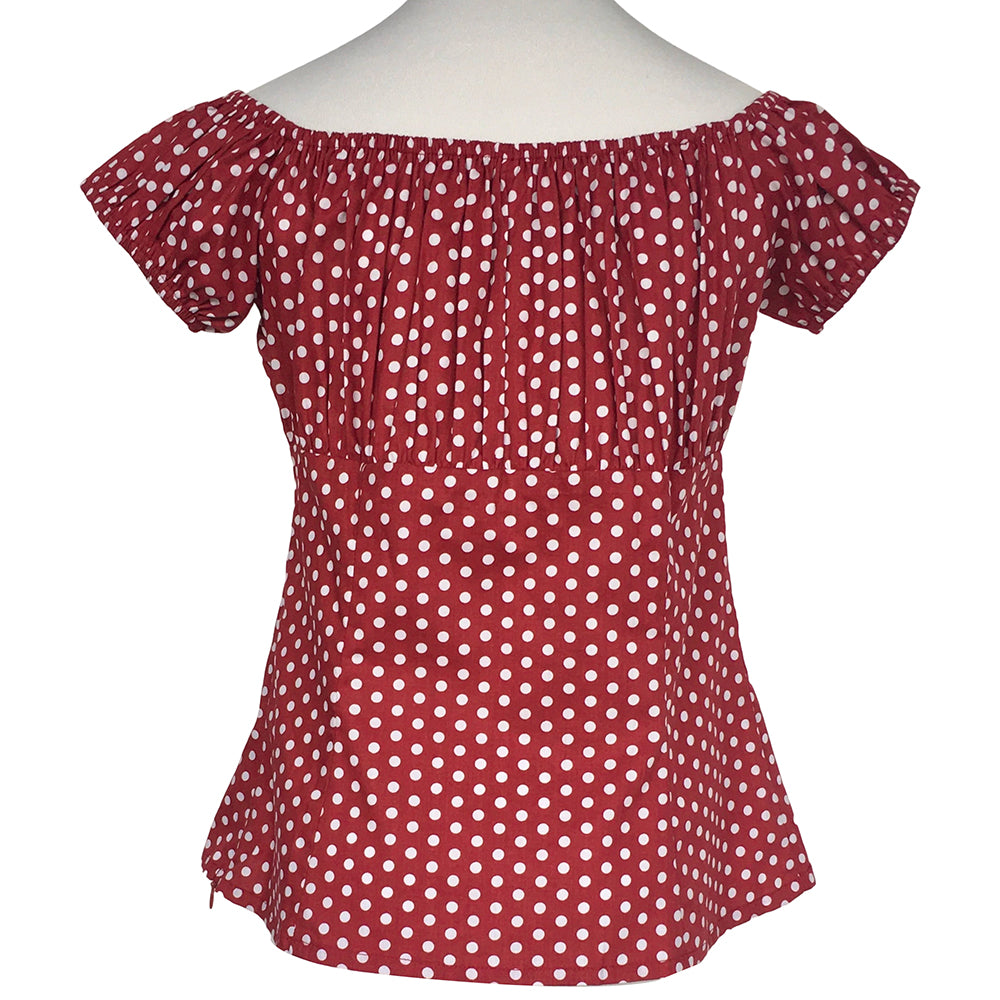Rockabilly Pinup Style Red Polka Dot Off Shoulder Top, Vintage Inspired Retro Blouse for Women