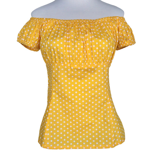 Yellow Polka Dot Off-Shoulder Blouse: Ruched Puff Sleeve Cinched Waist Top (In-Stock)