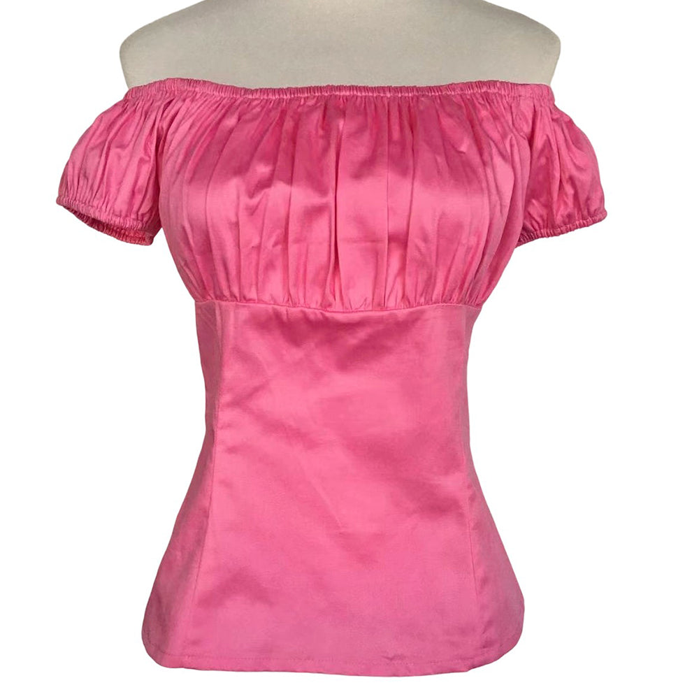 Trendy Chic Pink Off-Shoulder Blouse - Ruched Puff Sleeve Spring Summer Top, Unique Fit Cinched Waist Blouse for Date Night Brunch Street Style, Small-Batch Customizable & In-Stock