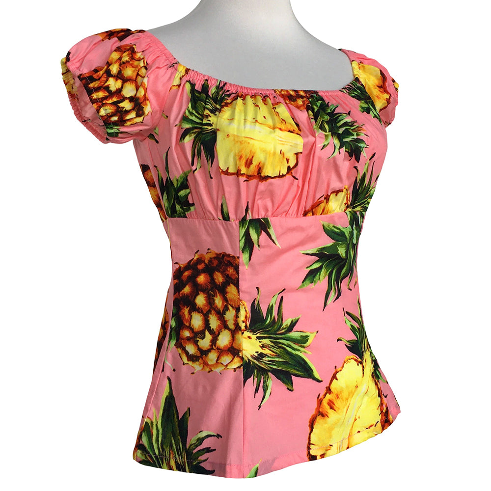 Rockabilly Pinup Pink Pineapple Off Shoulder Top - 1950s Vintage Retro Flattering Ruched Blouse