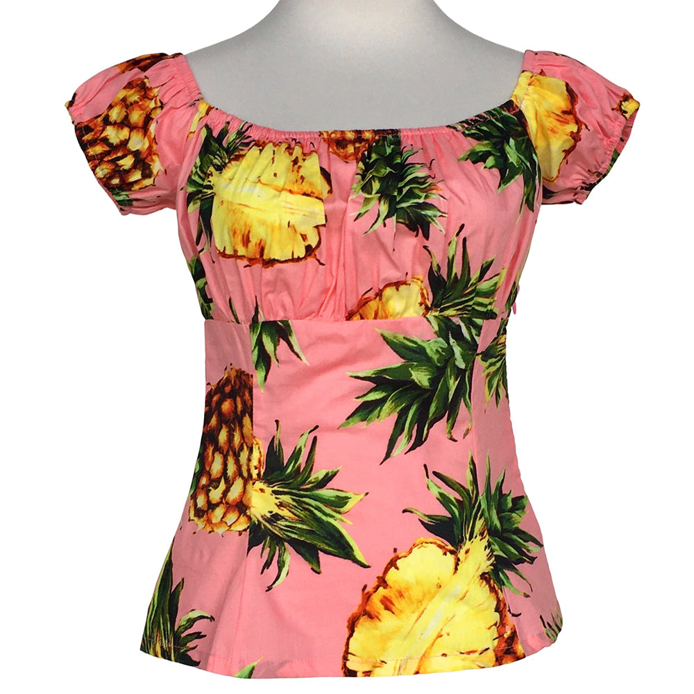 Rockabilly Pinup Pink Pineapple Off Shoulder Top - 1950s Vintage Retro Flattering Ruched Blouse
