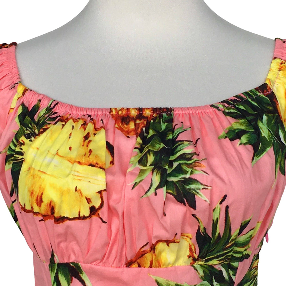 Rockabilly Pinup Pink Pineapple Off Shoulder Top - 1950s Vintage Retro Flattering Ruched Blouse