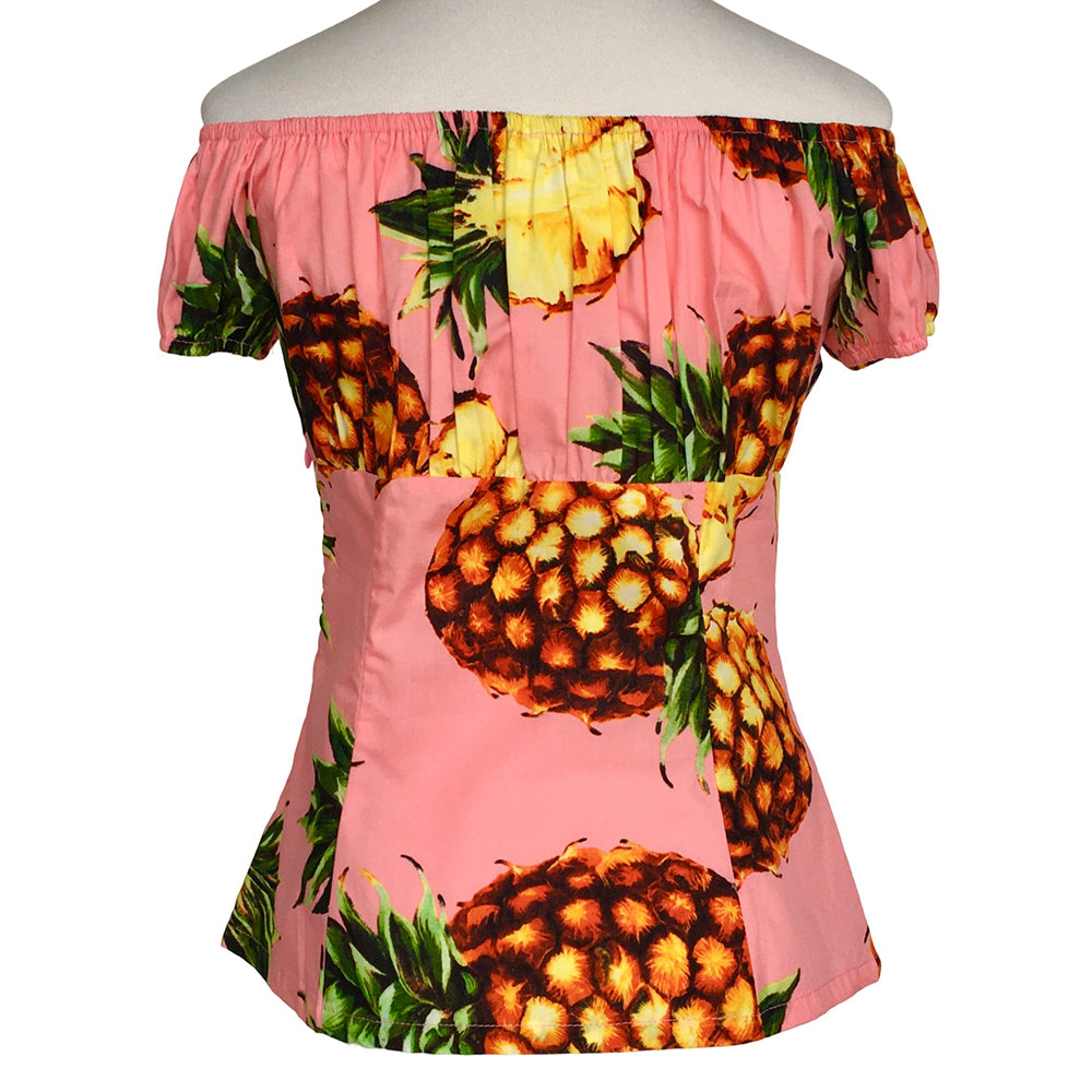 Rockabilly Pinup Pink Pineapple Off Shoulder Top - 1950s Vintage Retro Flattering Ruched Blouse