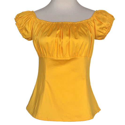 Women's Vintage Yellow Off-Shoulder Blouse Ruched Puff Sleeve Fitted Waist Top