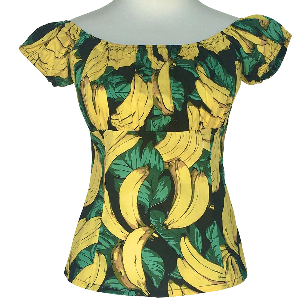 Vintage Banana Print Off-Shoulder Top for Women | Retro Slim-Fit Short Sleeve Blouse (Original Design, Drop Shipping & Small Batch Custom)