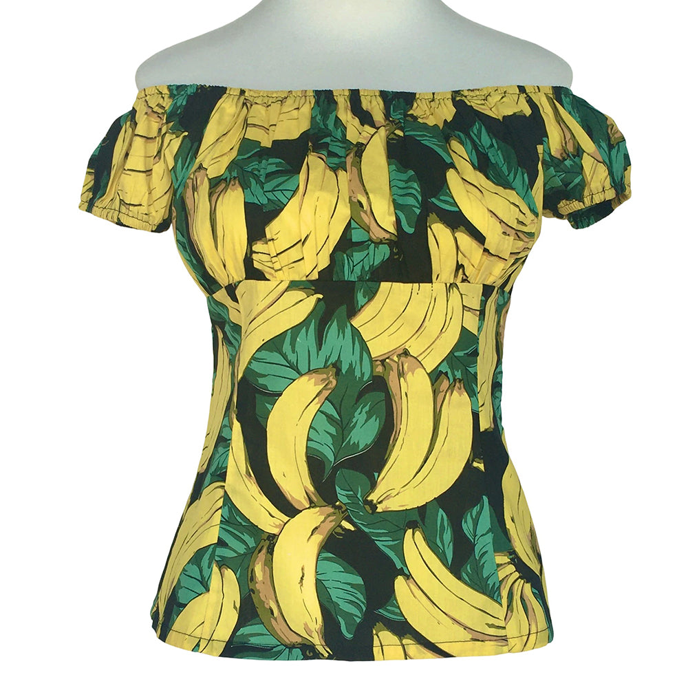Vintage Banana Print Off-Shoulder Top for Women | Retro Slim-Fit Short Sleeve Blouse (Original Design, Drop Shipping & Small Batch Custom)