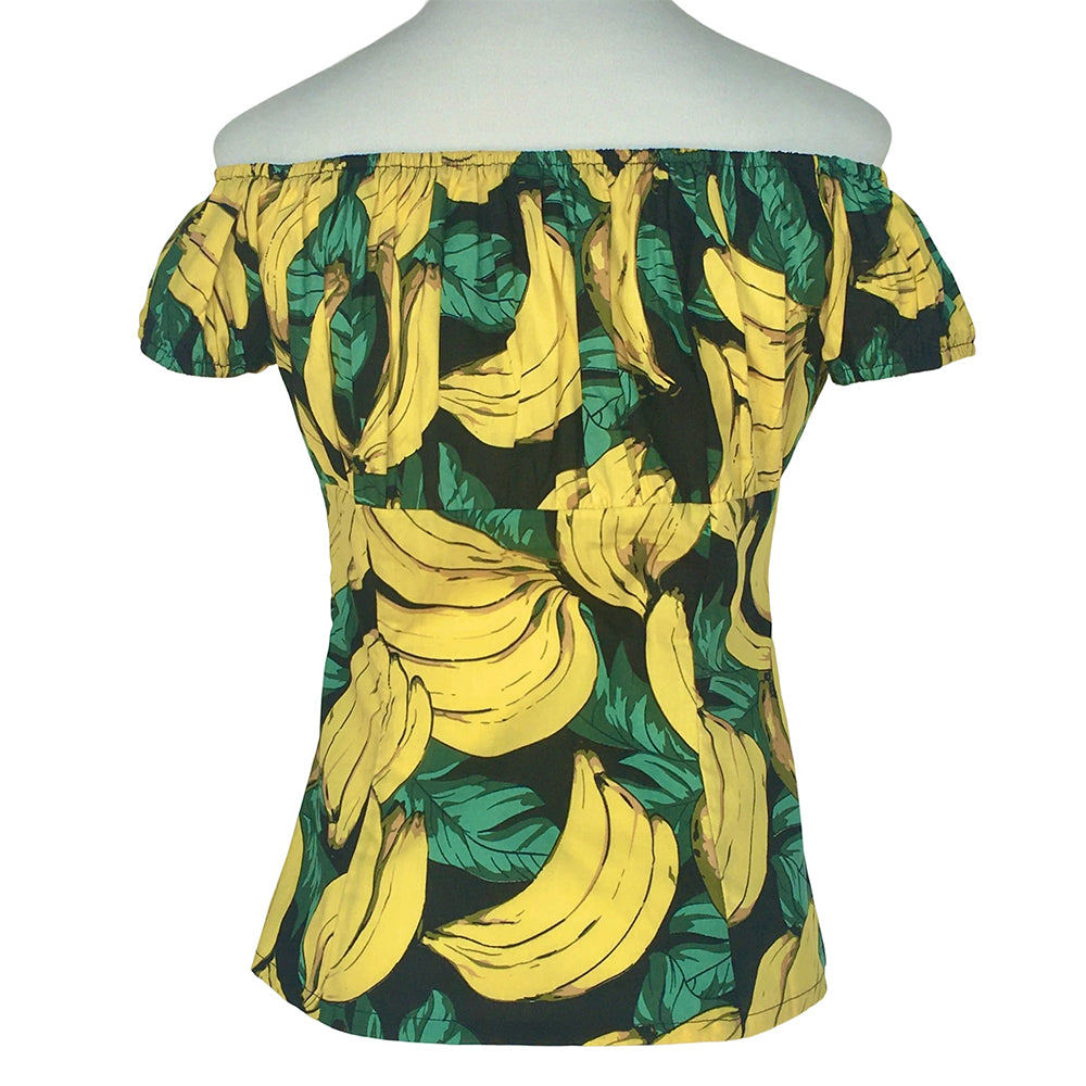 Vintage Banana Print Off-Shoulder Top for Women | Retro Slim-Fit Short Sleeve Blouse (Original Design, Drop Shipping & Small Batch Custom)