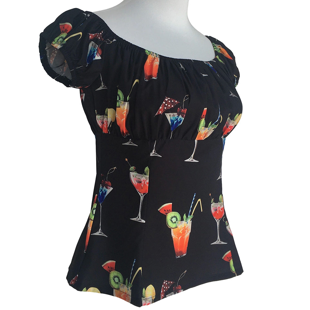 Vintage Off-Shoulder Cocktail Print Blouse - Retro 1950s Pinup Black Top for Women