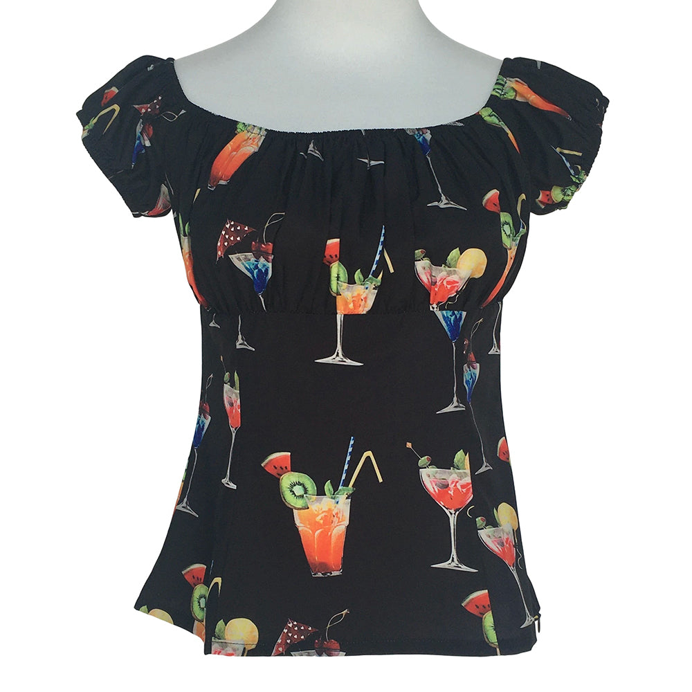 Vintage Off-Shoulder Cocktail Print Blouse - Retro 1950s Pinup Black Top for Women